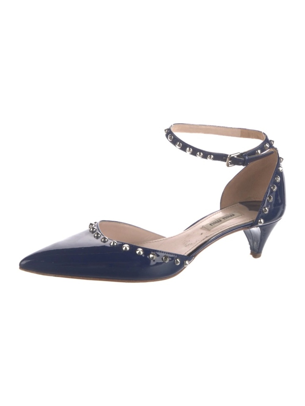 Vintage Miu Miu Blue Patent Leather Kitten Heel Studded Shoe Pump Sandal 38.5 - Picture 3 of 12